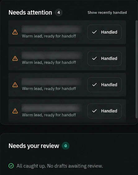 YaroAI dashboard: four warm leads in Needs attention, each ready for handoff, and an empty Needs your review queue.
