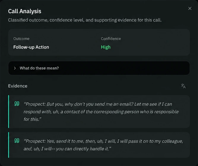 YaroAI call analysis: outcome Follow-up Action with high confidence, backed by two quotes in which the prospect asks for an email to pass to a colleague.